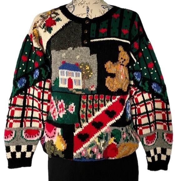 VTG. Eagle's Eye Cottagcore Sweater M Wool Hand Knitted Teddy Patchwork 80s - Picture 5 of 8